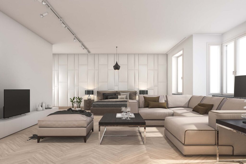 Minimalist living area styled with thoughtful furniture arrangement — expert interior design services focused on harmony and flow.