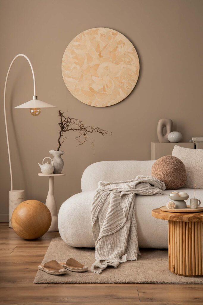 Soft neutral living space with modern décor, inviting users to explore their design style through the interior design process quiz.